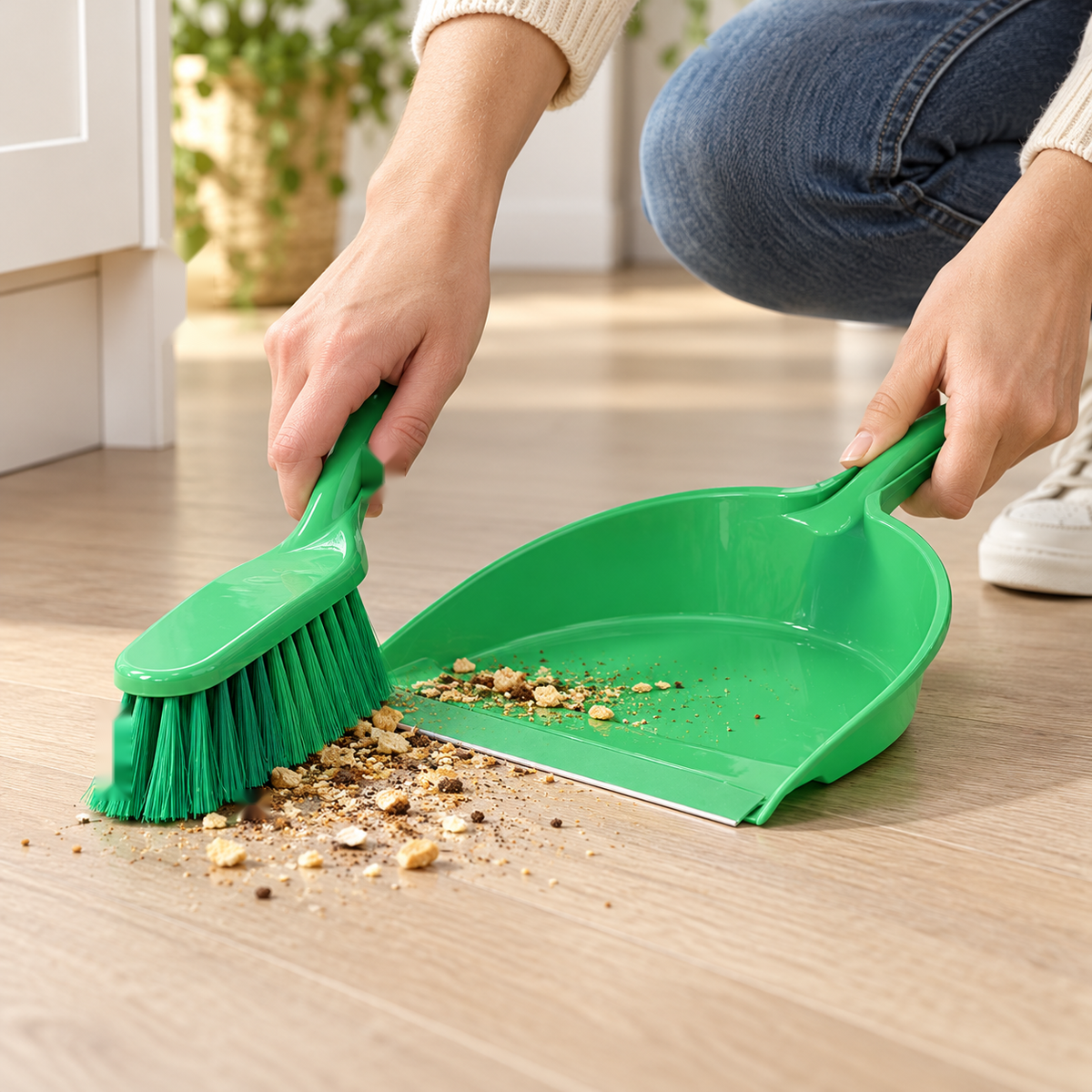 Sweeping crumbs into a green dustpan