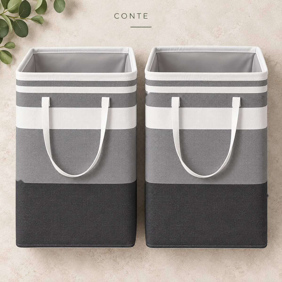 Grey and black folding laundry hampers side by side