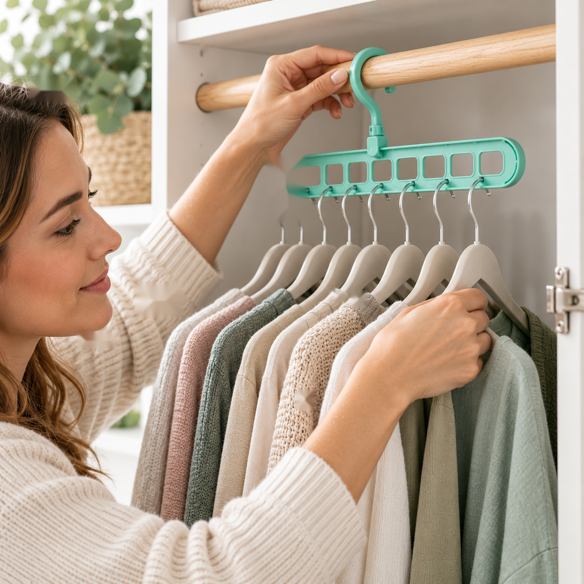 Hanger organiser holding clothes on a wardrobe rail