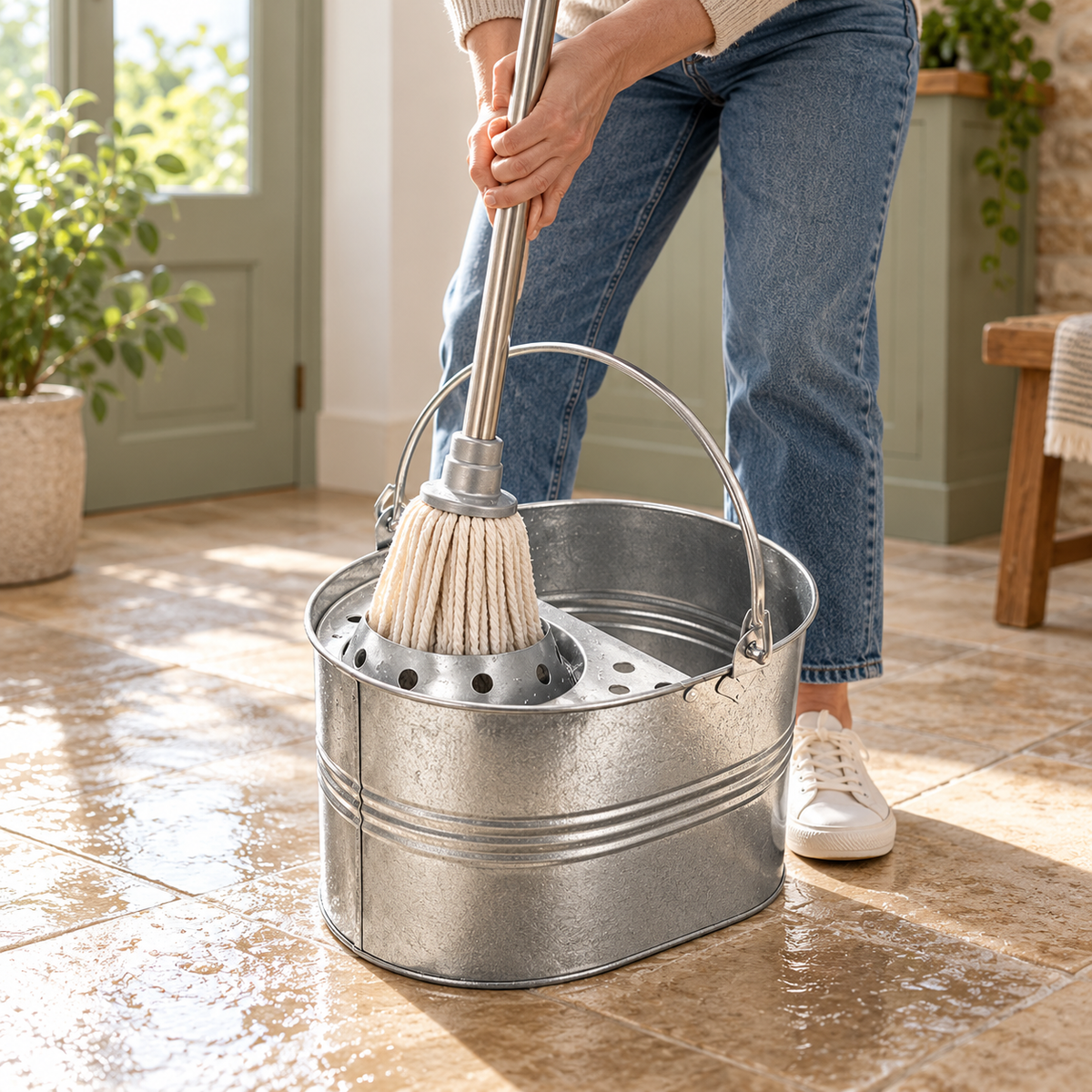 Metal mop bucket and wringer in use