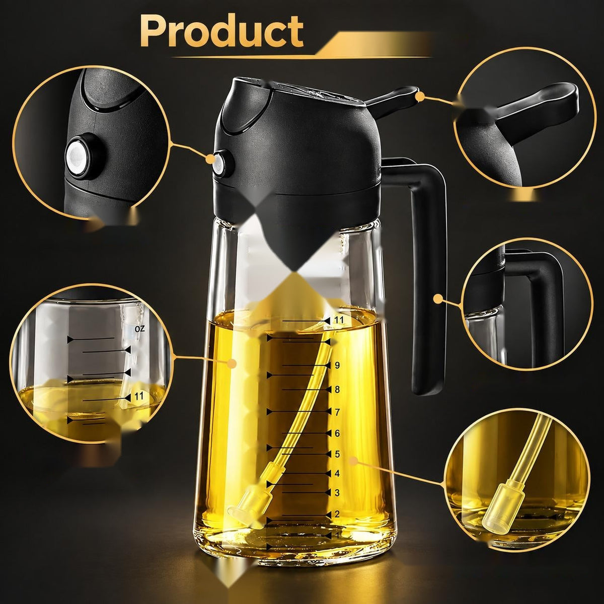 Glass oil sprayer and pourer shown with its parts
