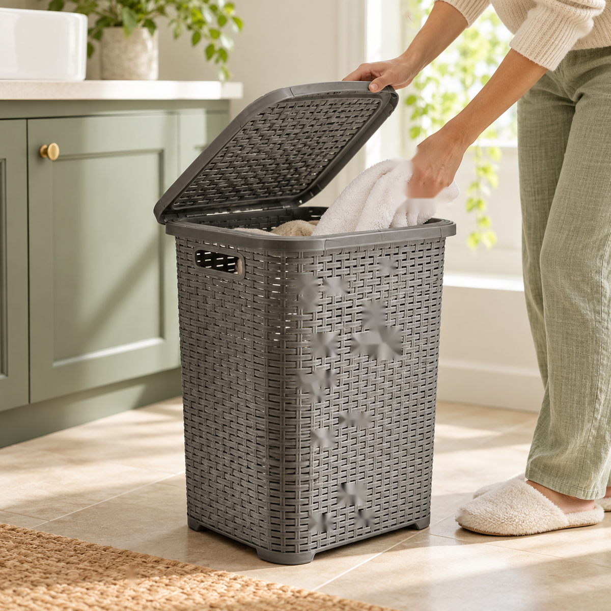 Loading laundry into a grey laundry basket
