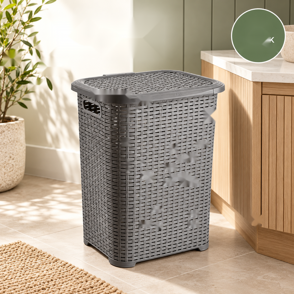Grey laundry basket placed in a home interior