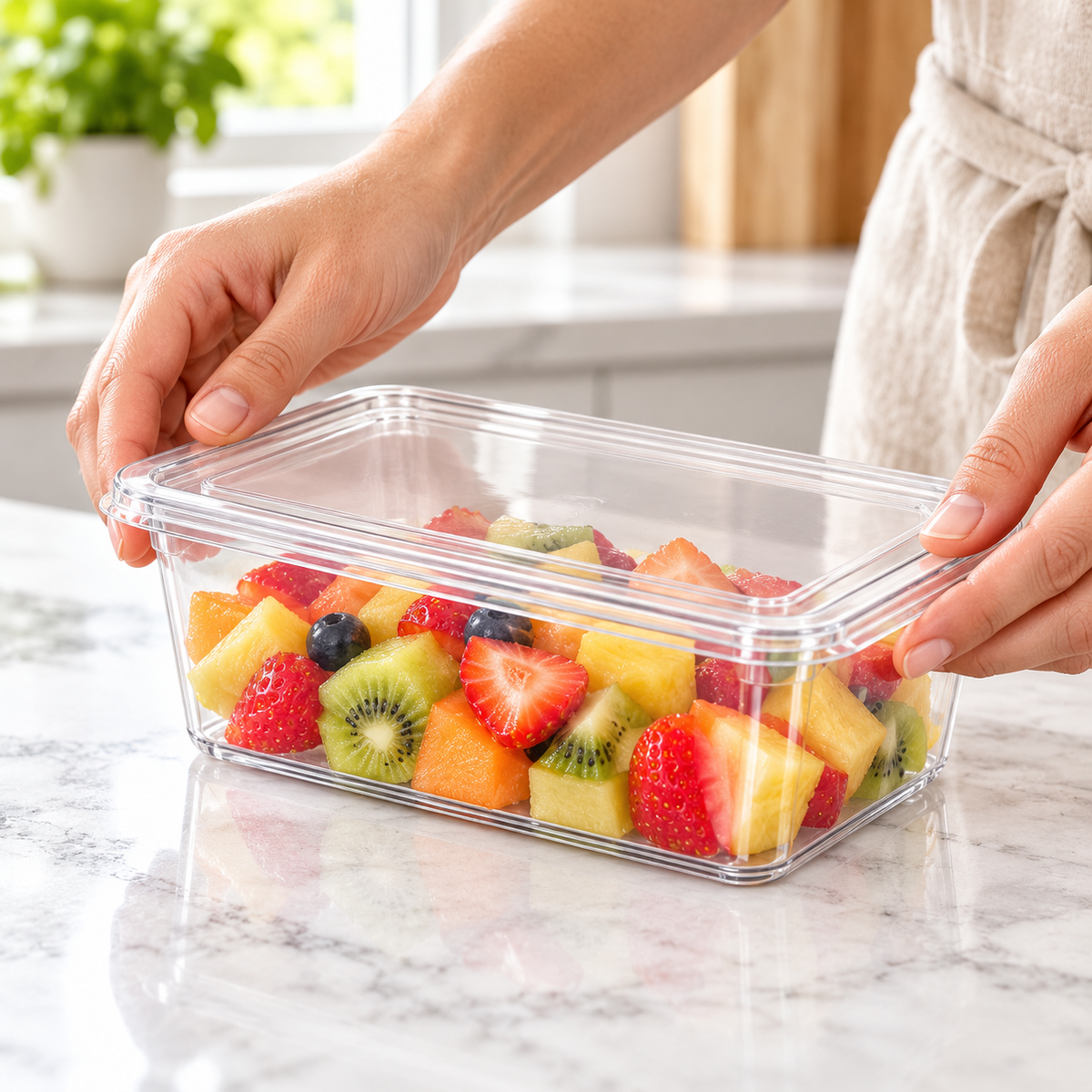 Clear food storage container being filled with fruit