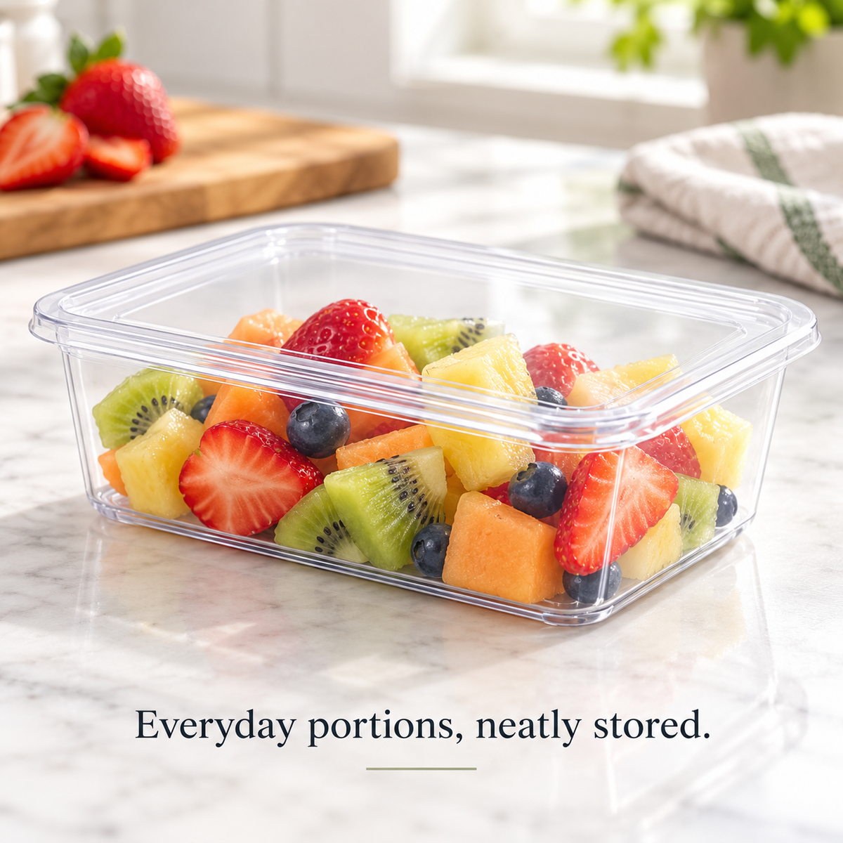 Clear food container holding fresh fruit