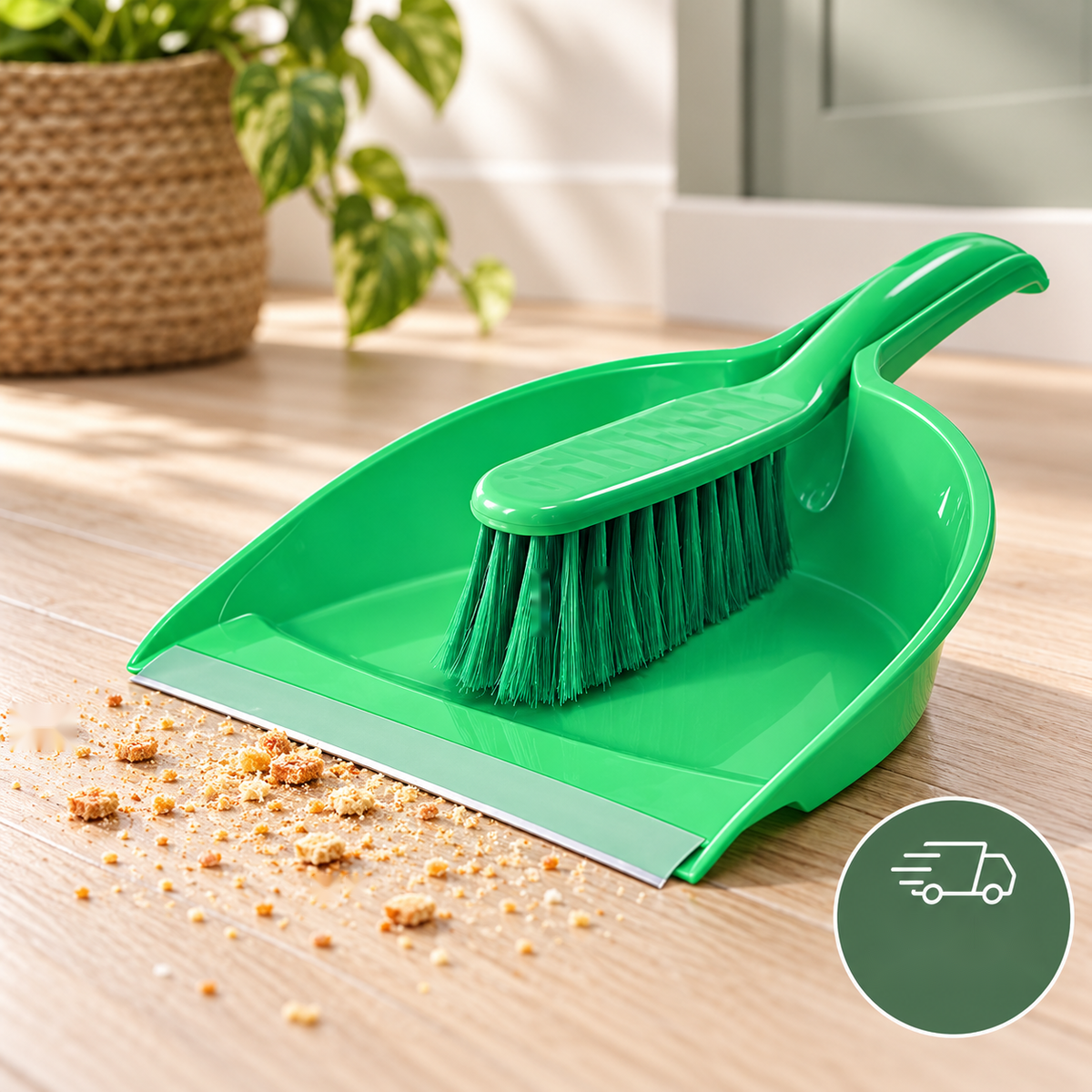 Using the dustpan and brush to sweep crumbs