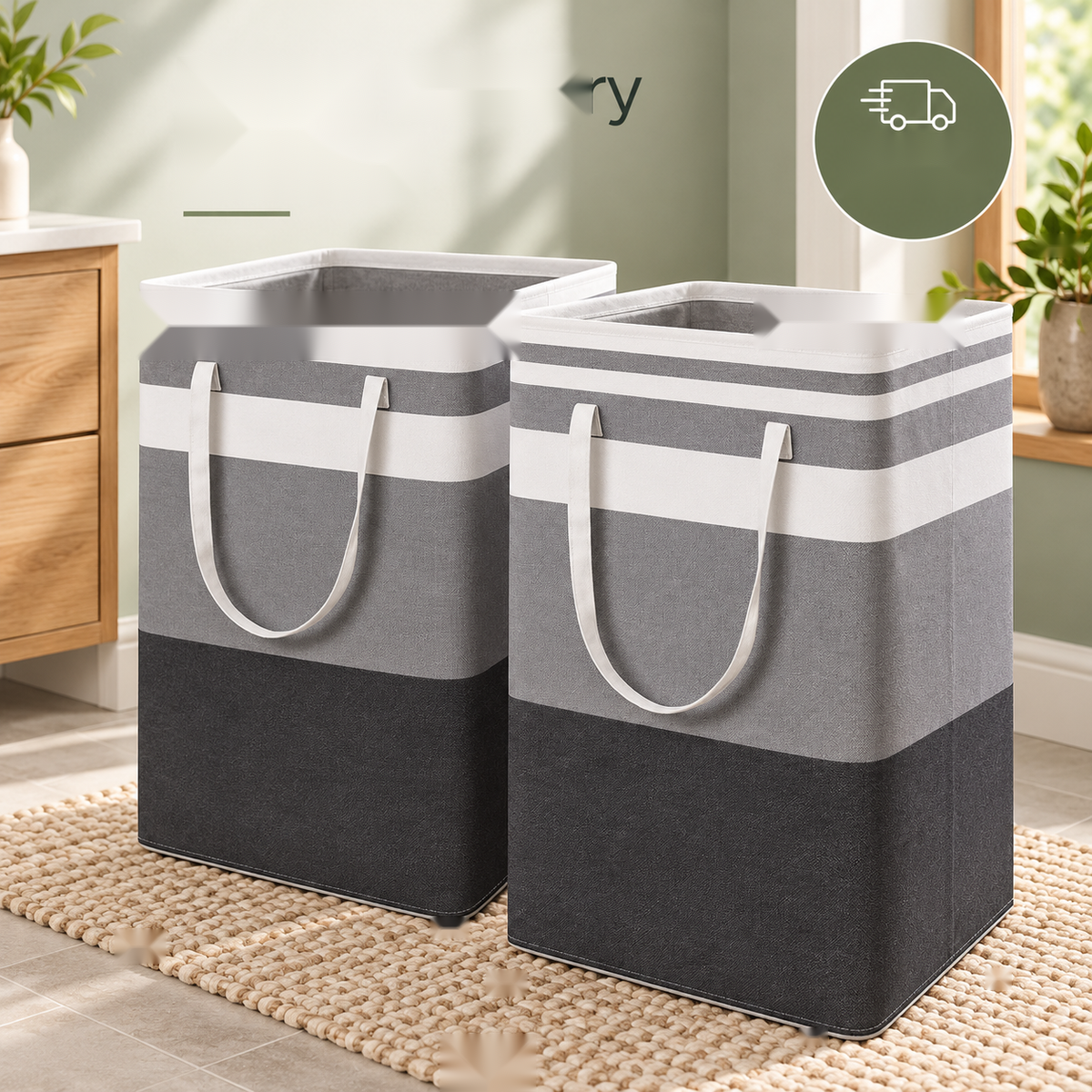 Two grey and black folding laundry hampers