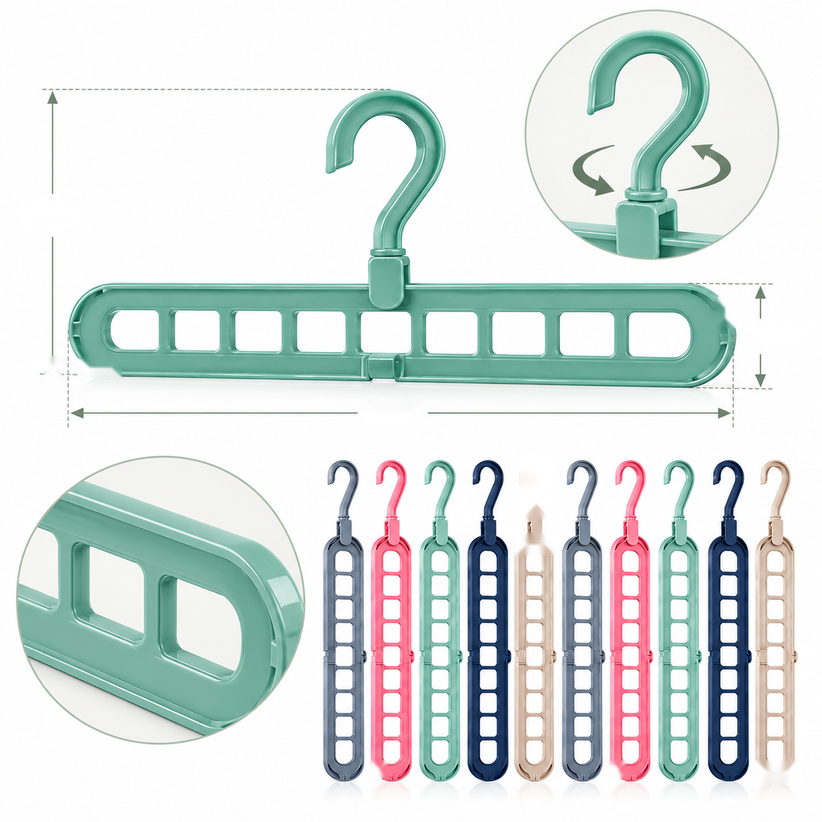 Hanger organisers showing the rotating hook and slots