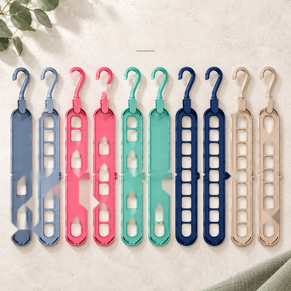 Multiple coloured hanger organisers arranged together