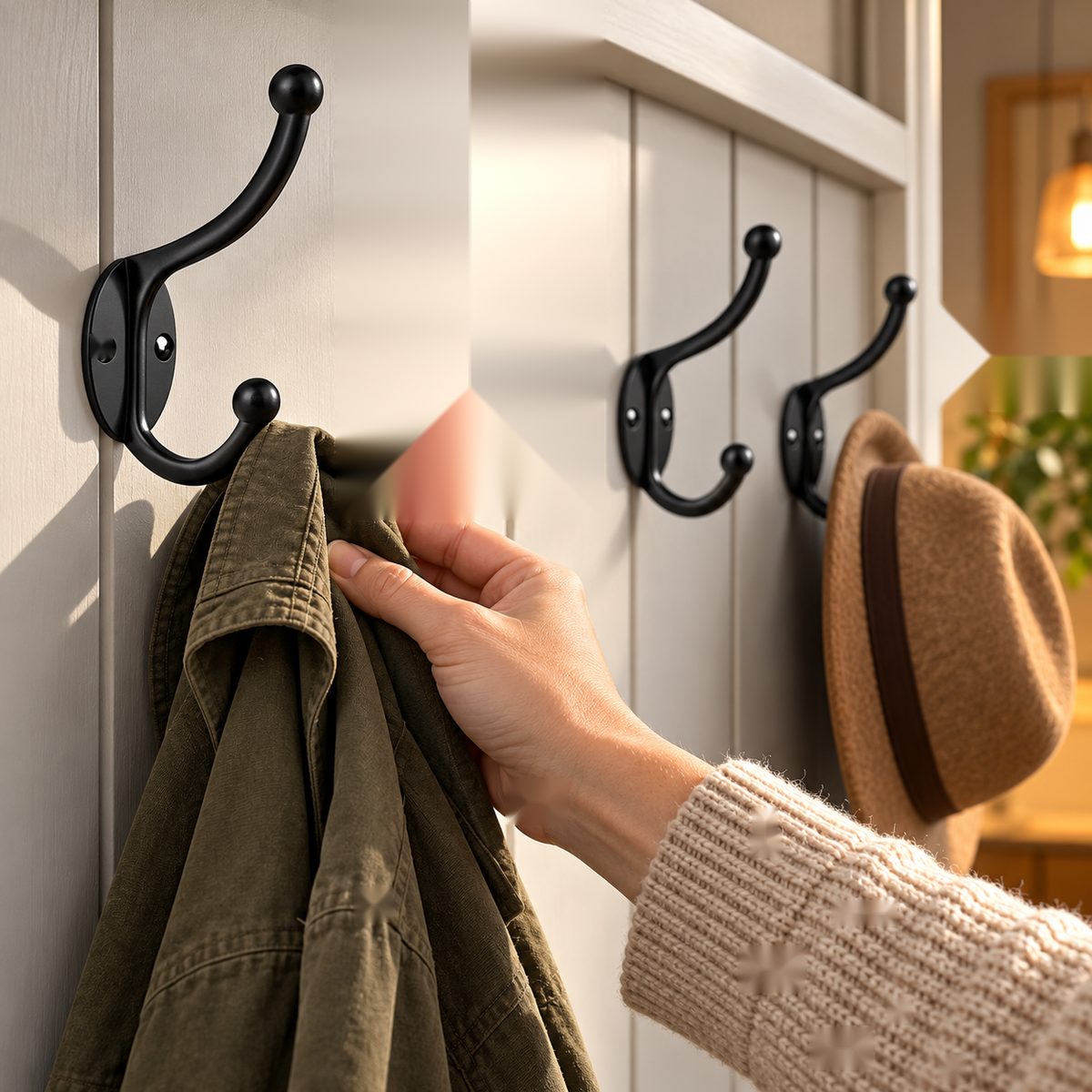 Black double coat hooks mounted on a wall holding coats