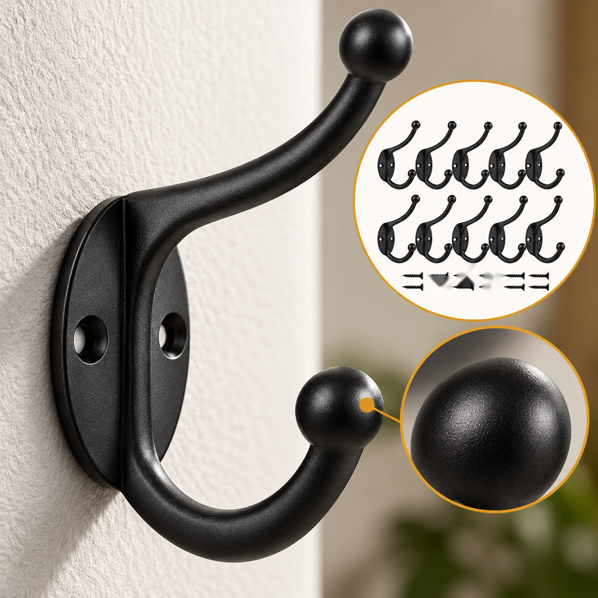 Close-up of a black double coat hook