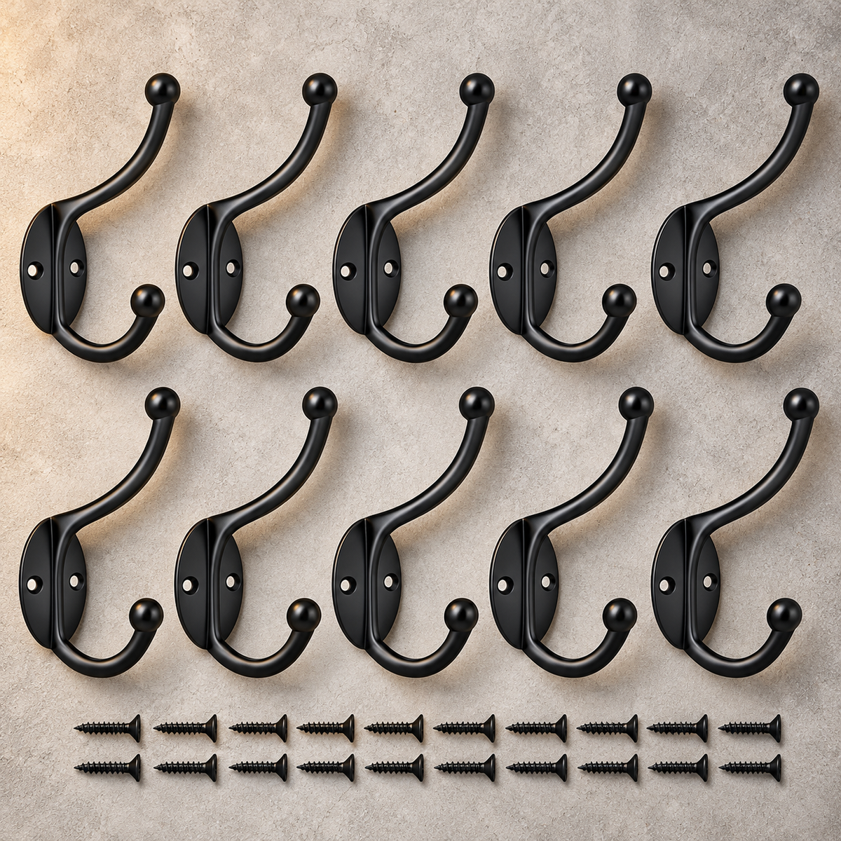 Set of ten black double hooks and screws