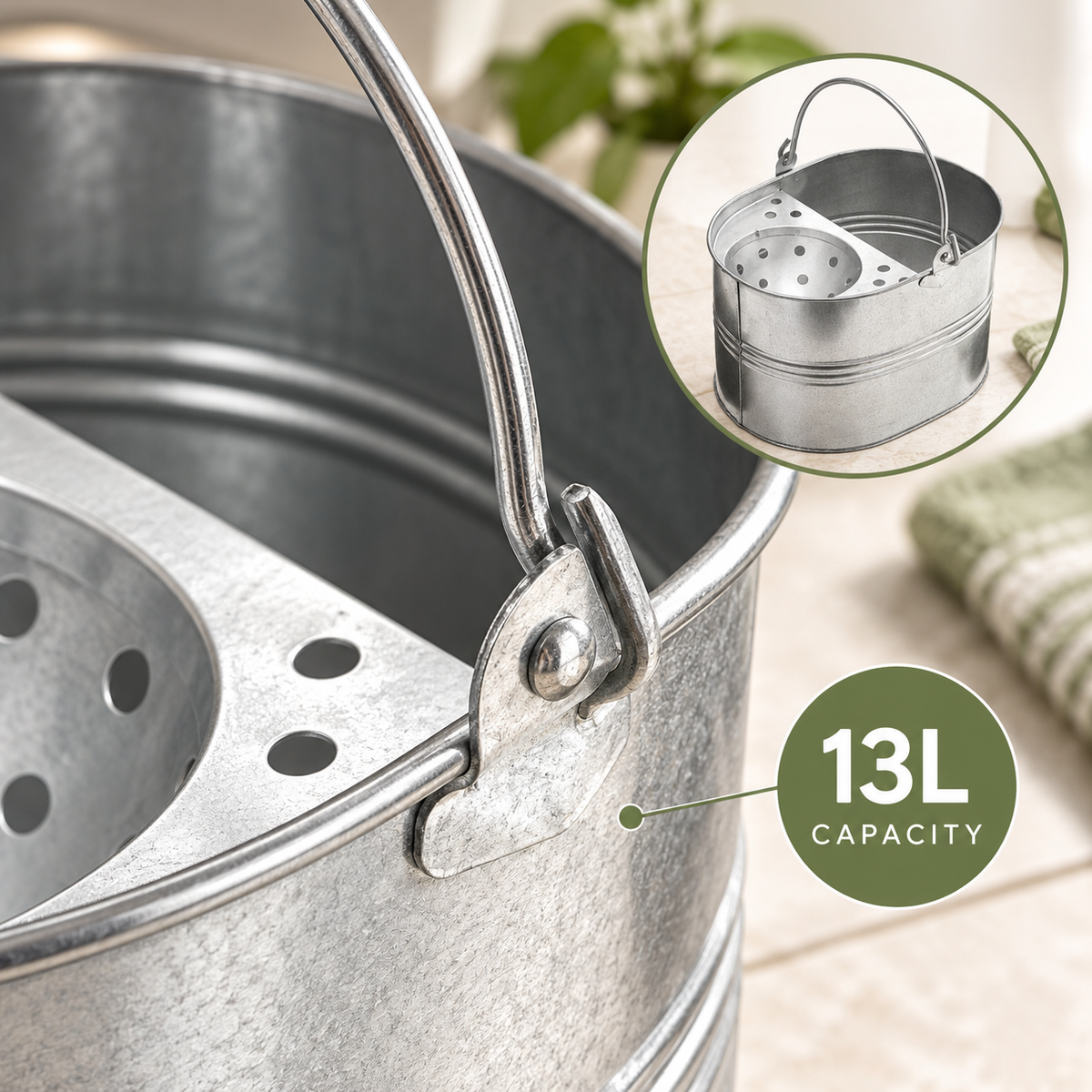 Close-up of the metal bucket wringer
