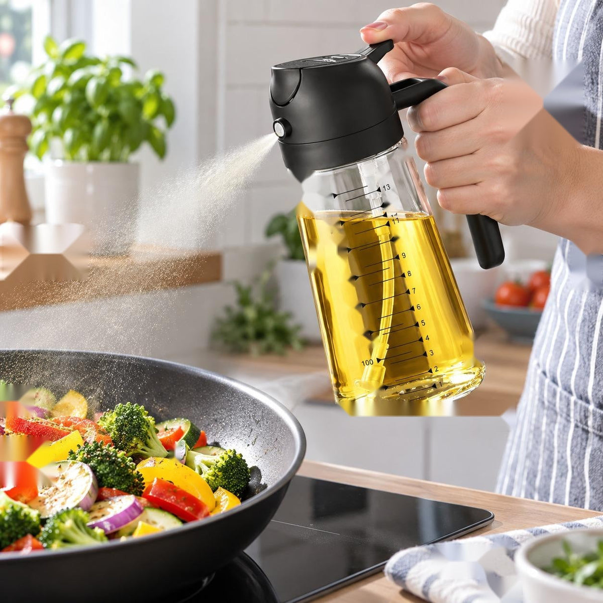 Using the glass oil sprayer over a pan