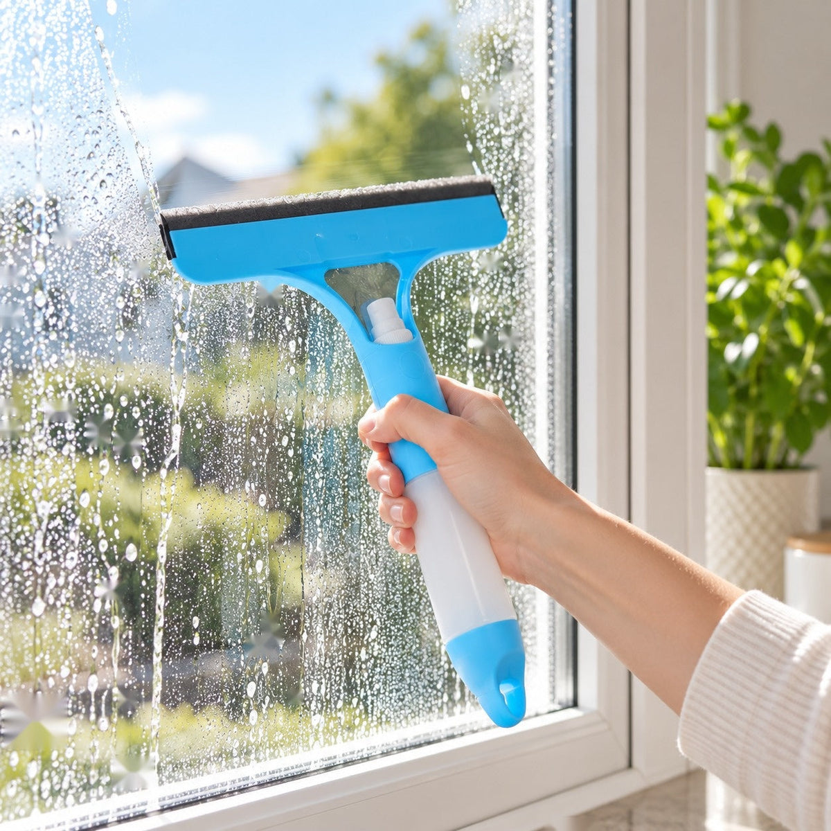 Using the spray window squeegee on glass
