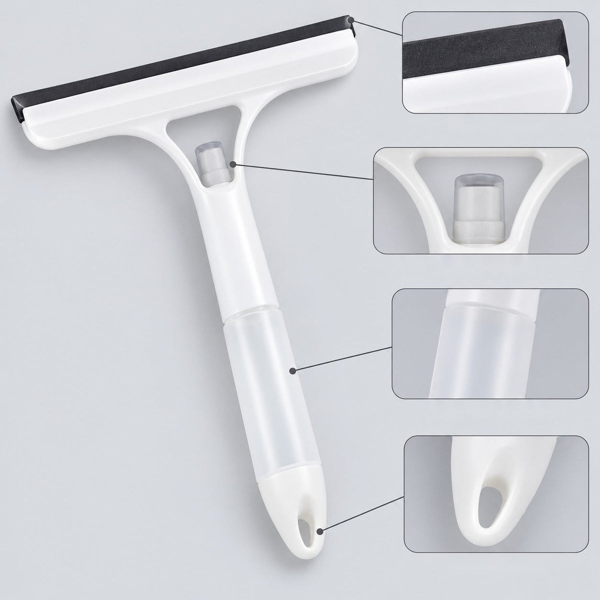 Close-up views of the spray window squeegee